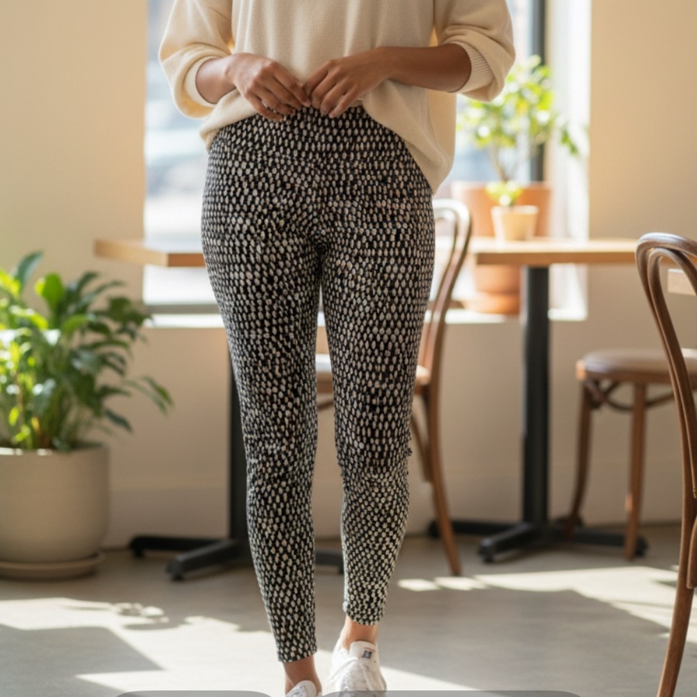 Chico’s Black & Cream Abstract Dotted High-Waisted Leggings - Ankle Length